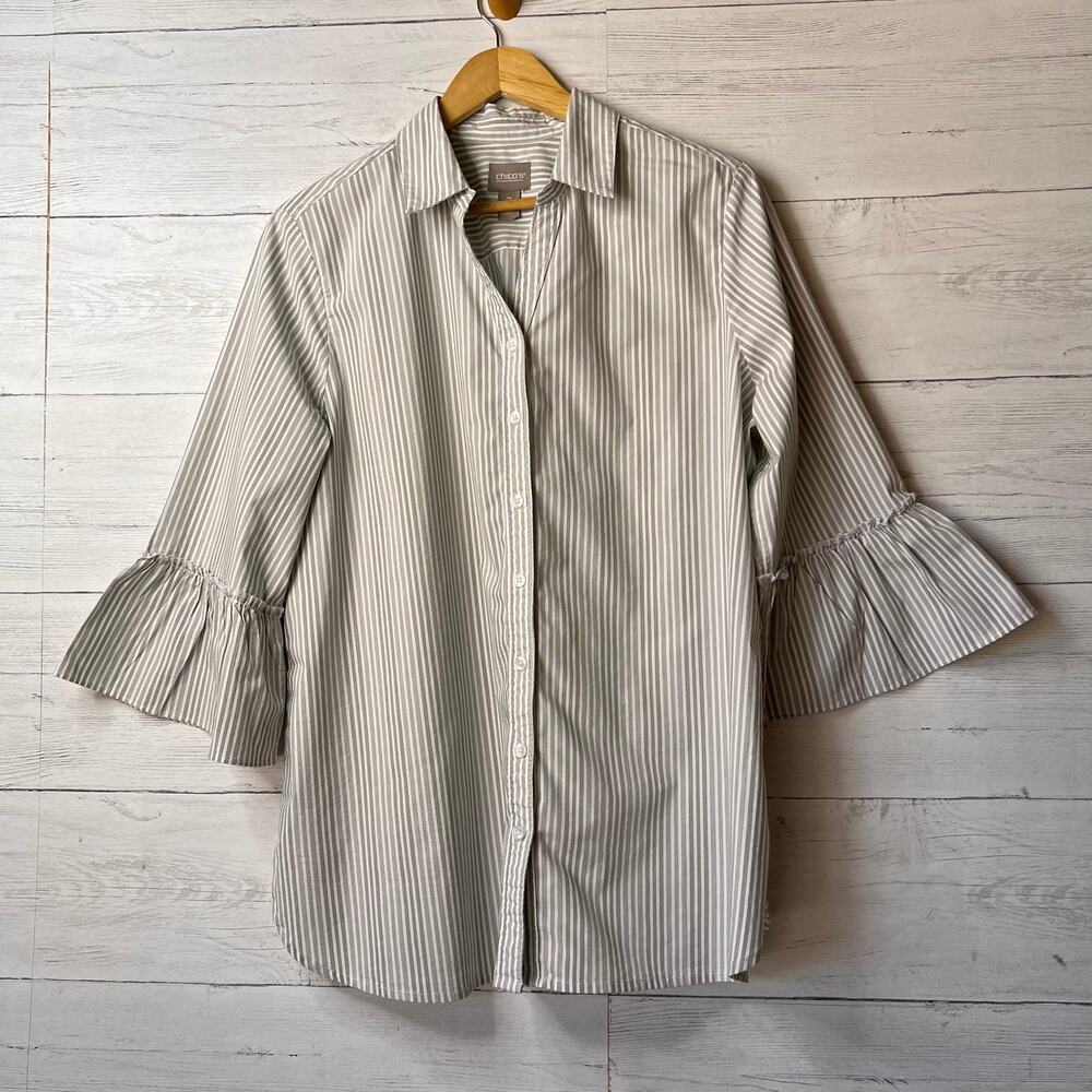 Chicos Top Womens Size 2/L Taupe & White Striped Button Down Bell Sleeves